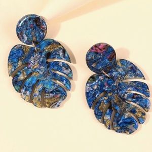 Blue Resin Leaf Statement Drop Earrings